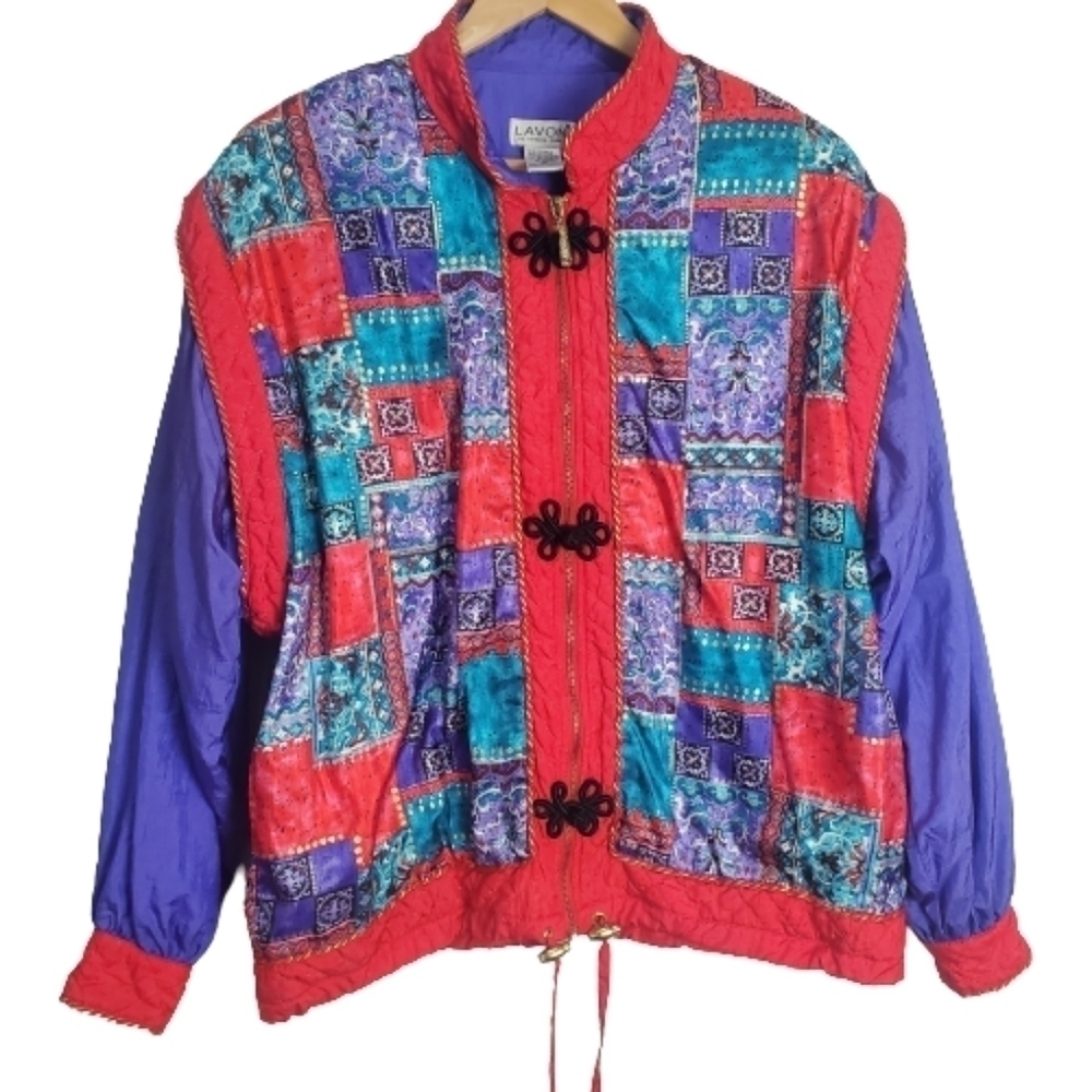 Vintage 90s Lavon Bright Red Purple Asian Theme Track Jacket Size Medium